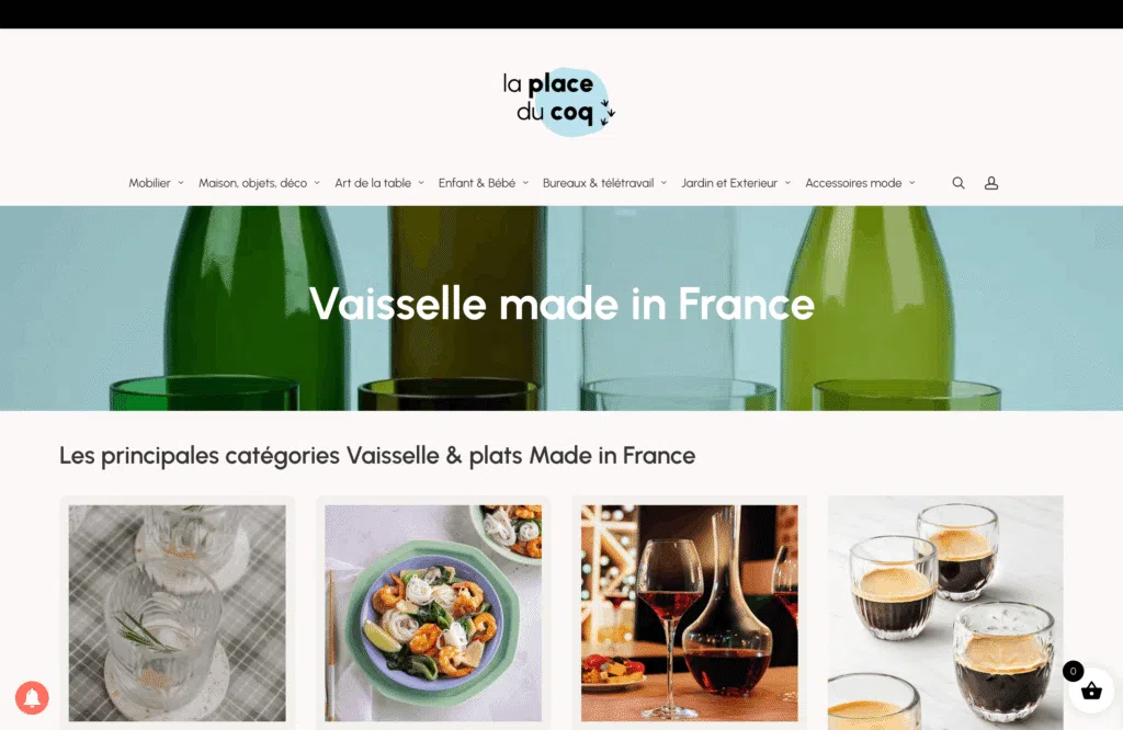 Catalogue vaisselle Made in France sur La Place du Coq avec verrerie, assiettes en céramique et tasses