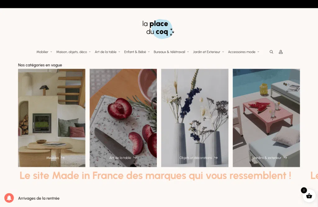 Page d'accueil du site ecommerce La Place du Coq avec les catégories meubles, art de la table, décoration et jardin