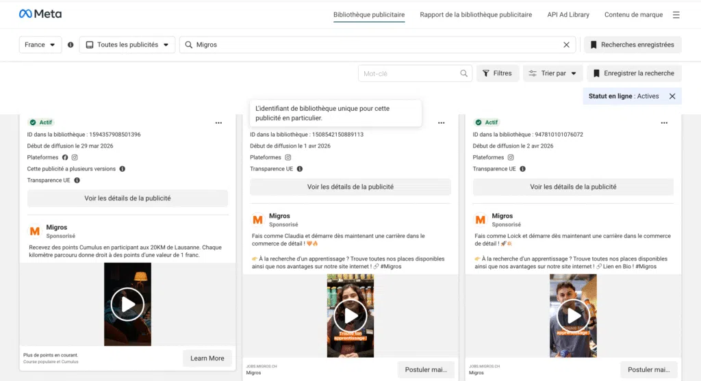 Capture d'écran de la bibliothèque publicitaire Meta montrant les publicités actives de Migros en Suisse