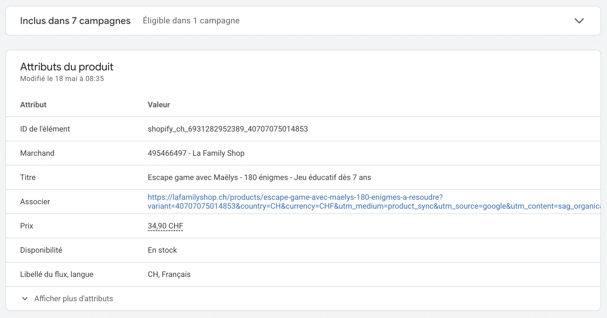 Fiche produit Google Ads et ses attributs analysés lors d'un audit SEA Shopping