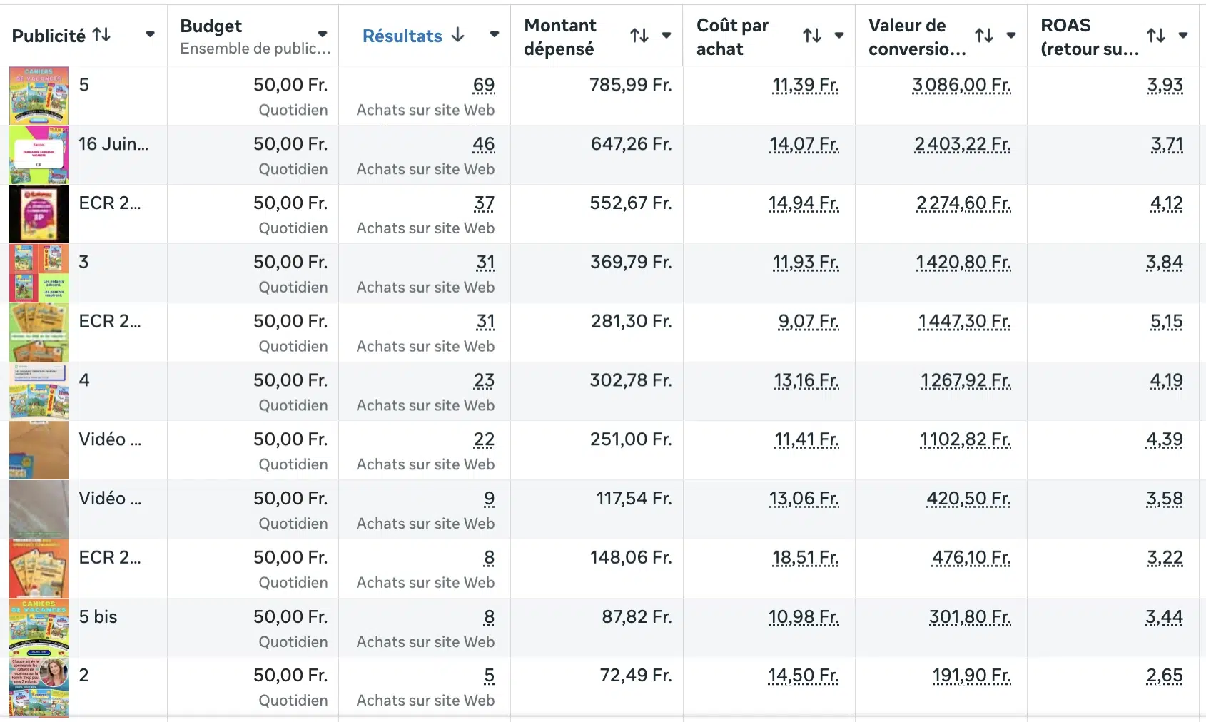 Performance par publicité d'une campagne Google Ads analysée lors d'un audit SEA